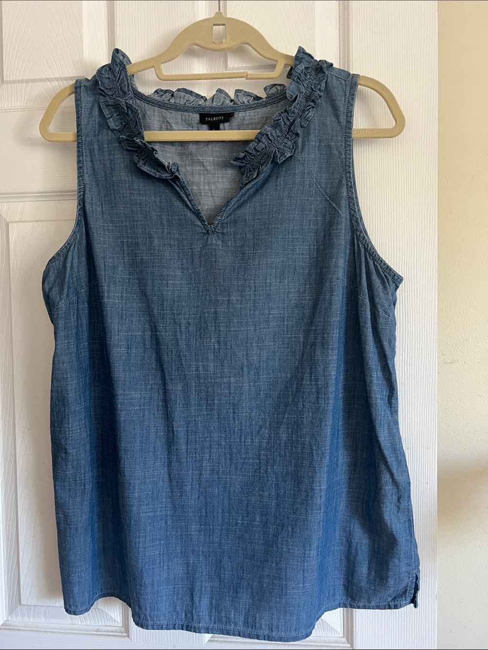 Talbots Chambray Ruffle V-Neck Tank - Blue